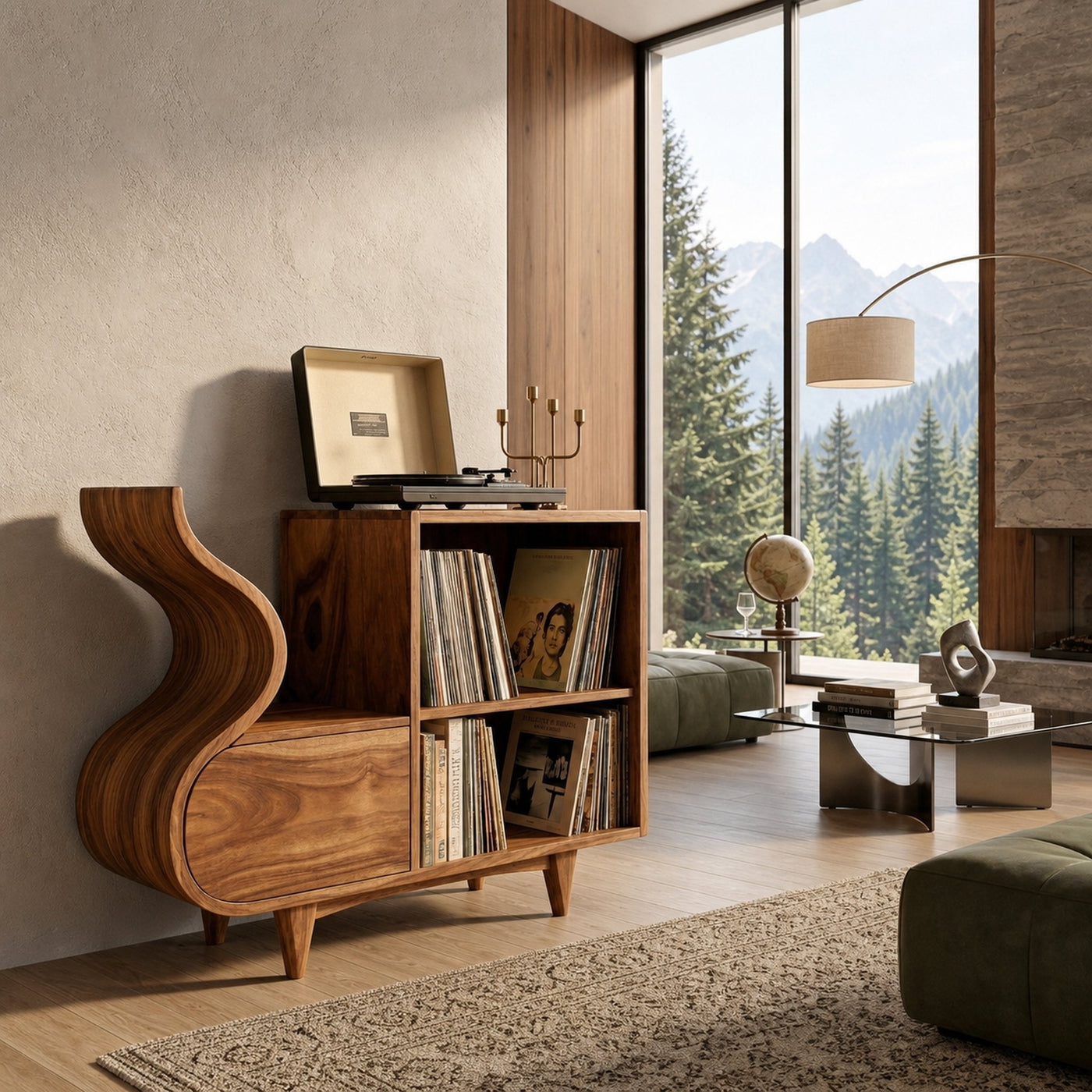 Rustic Wooden Vinyl Record Cabinet Carved Flowing Design For Living - product view 6
