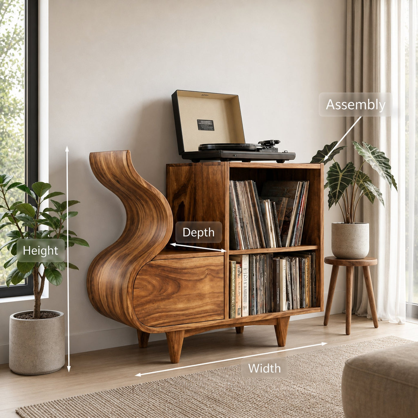 Rustic Wooden Vinyl Record Cabinet Carved Flowing Design For Living - product view 8