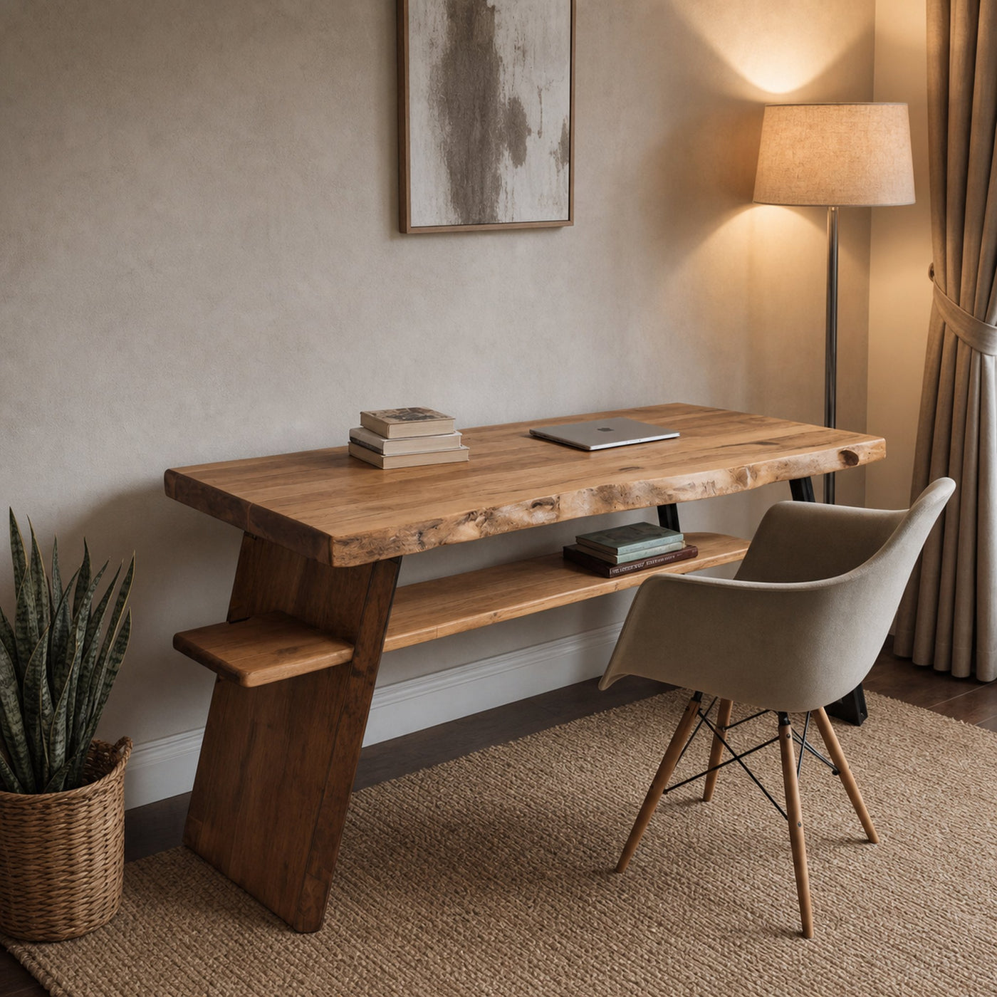 Rustic Wooden Writing Desk With Shelf For Home Office Or Workspace