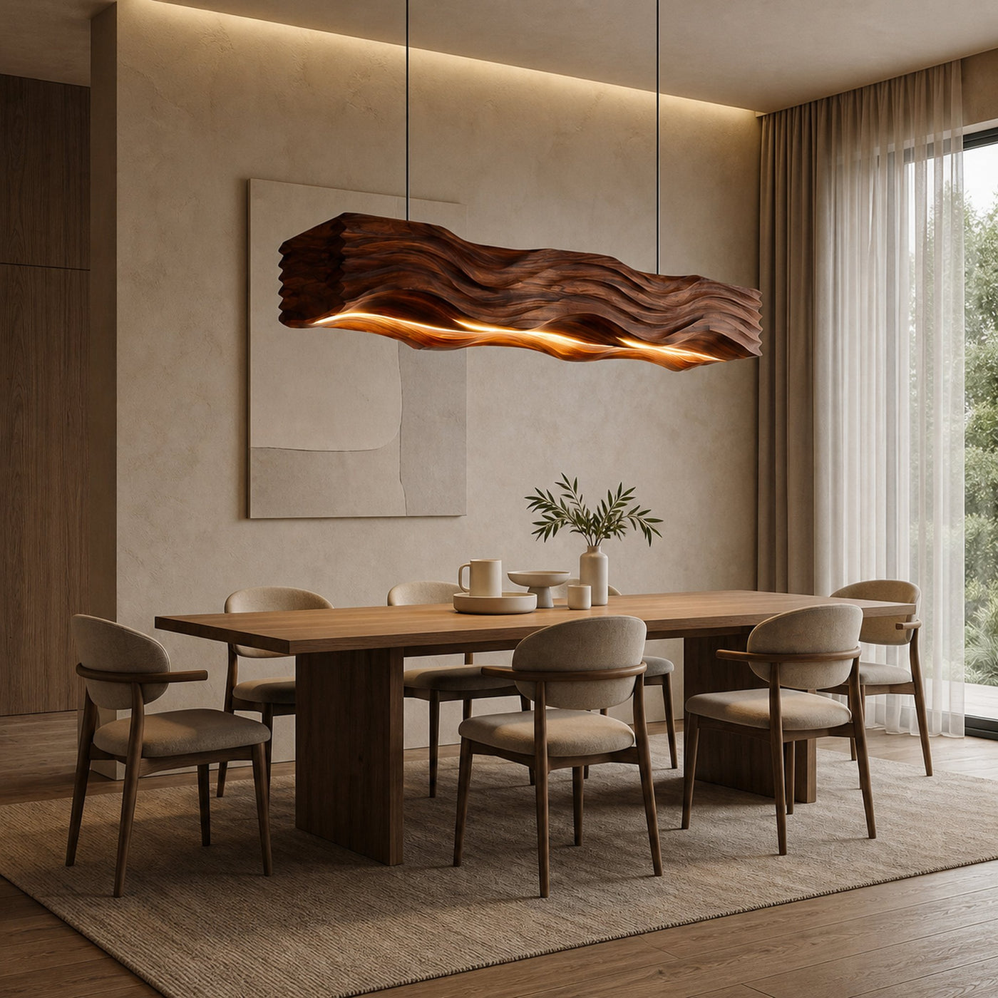Sculpted Hanging Lamp Featuring Flowing Wave Carving For Dining