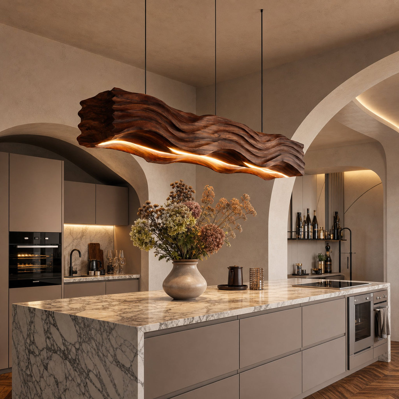 Sculpted Hanging Lamp Featuring Flowing Wave Carving For Dining - product view 3