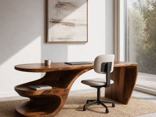 Sculptural Desk With Built-in Shelf For Home Office