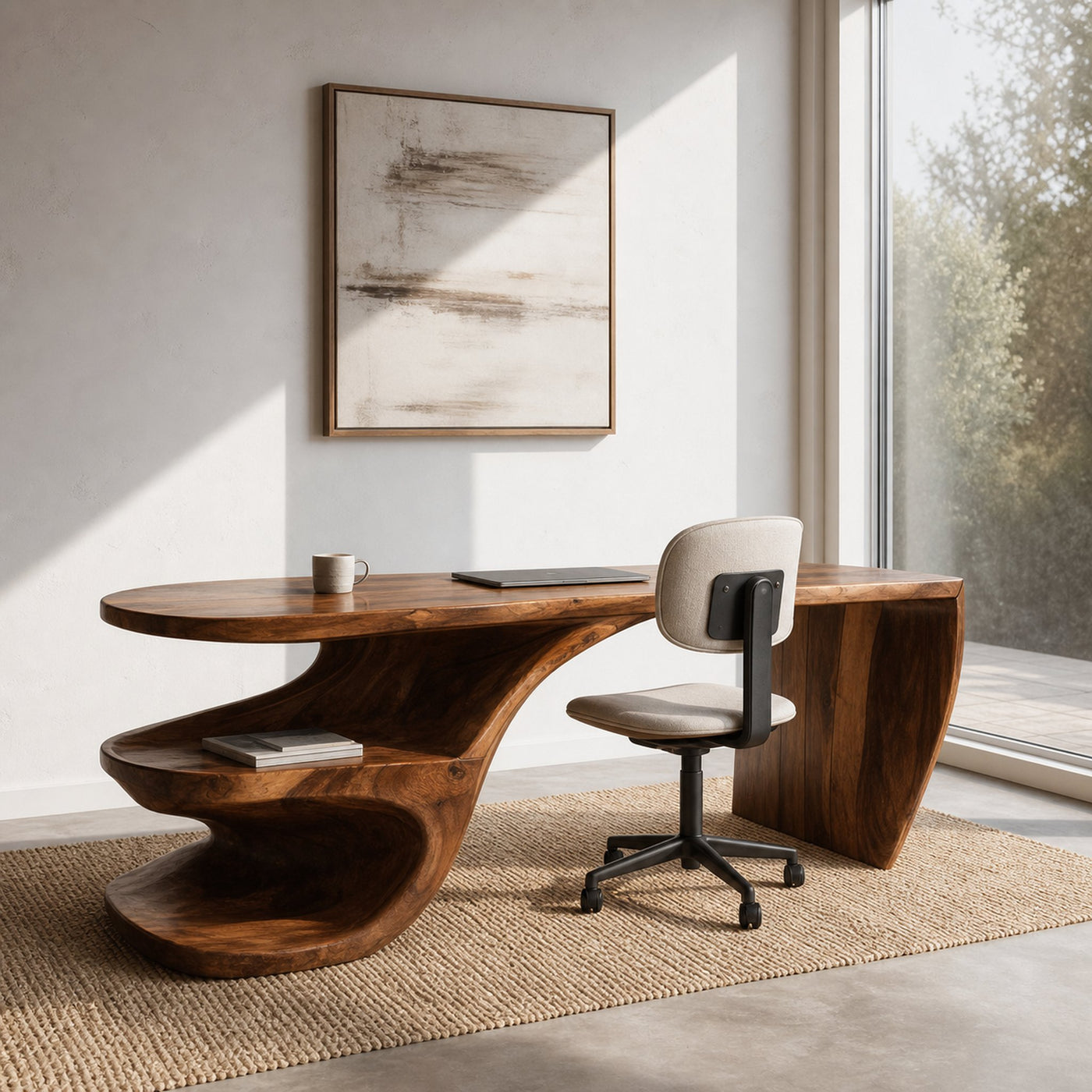 Sculptural Desk With Built-in Shelf For Home Office