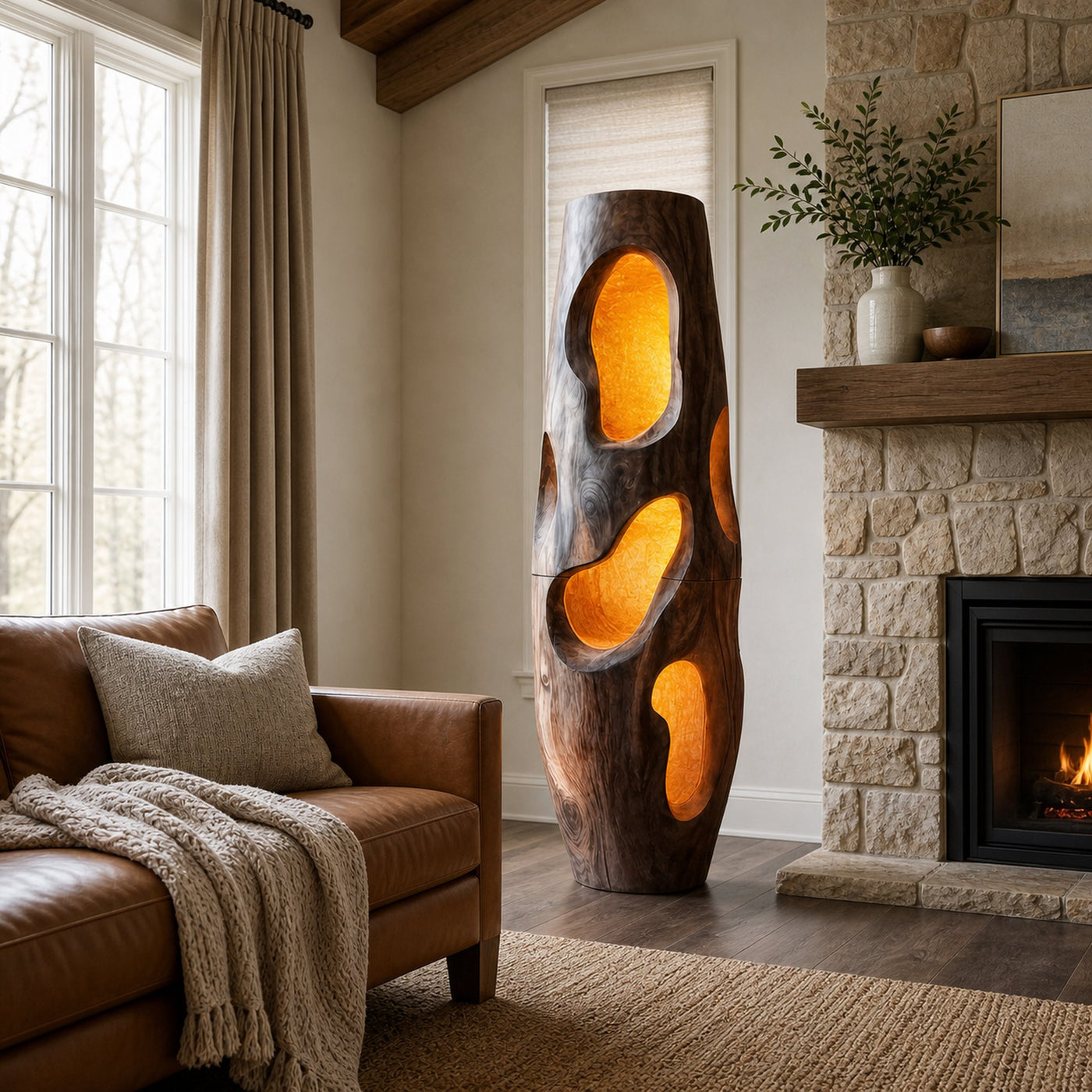 Sculptural Floor Lamp Natural Wood Form For Living Room