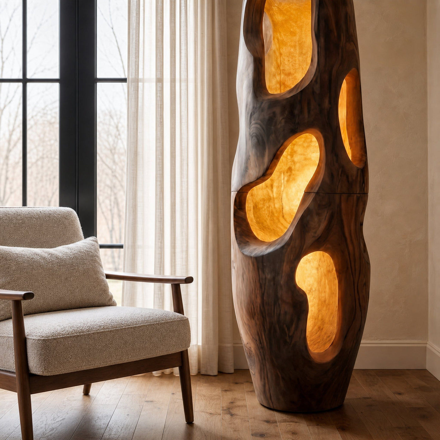 Sculptural Floor Lamp Natural Wood Form For Living Room - product view 3