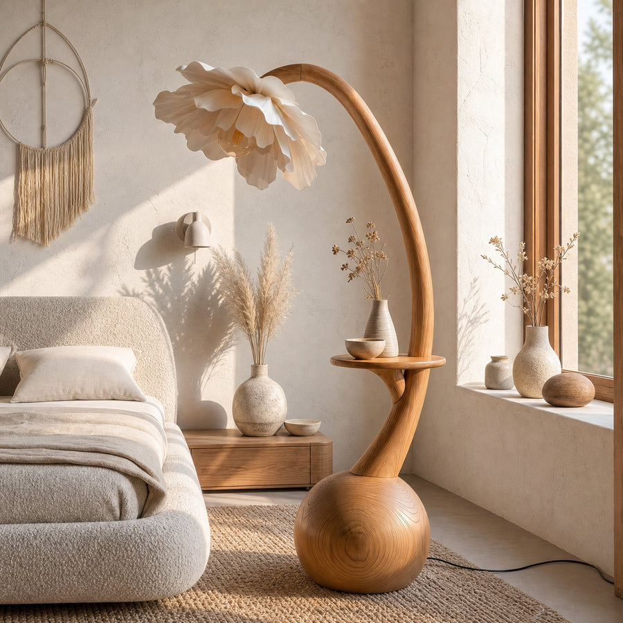 Sculptural Floor Lamp With Built In Shelf And Floral Shade For Living Room