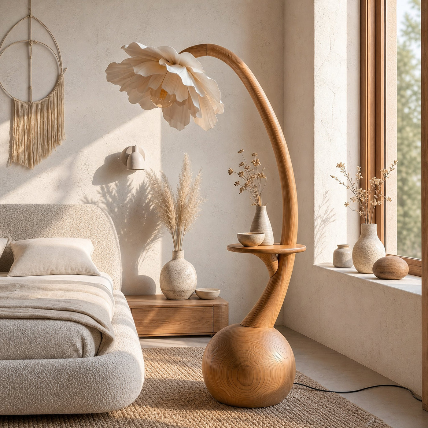 Sculptural Floor Lamp With Built In Shelf And Floral Shade For Living Room