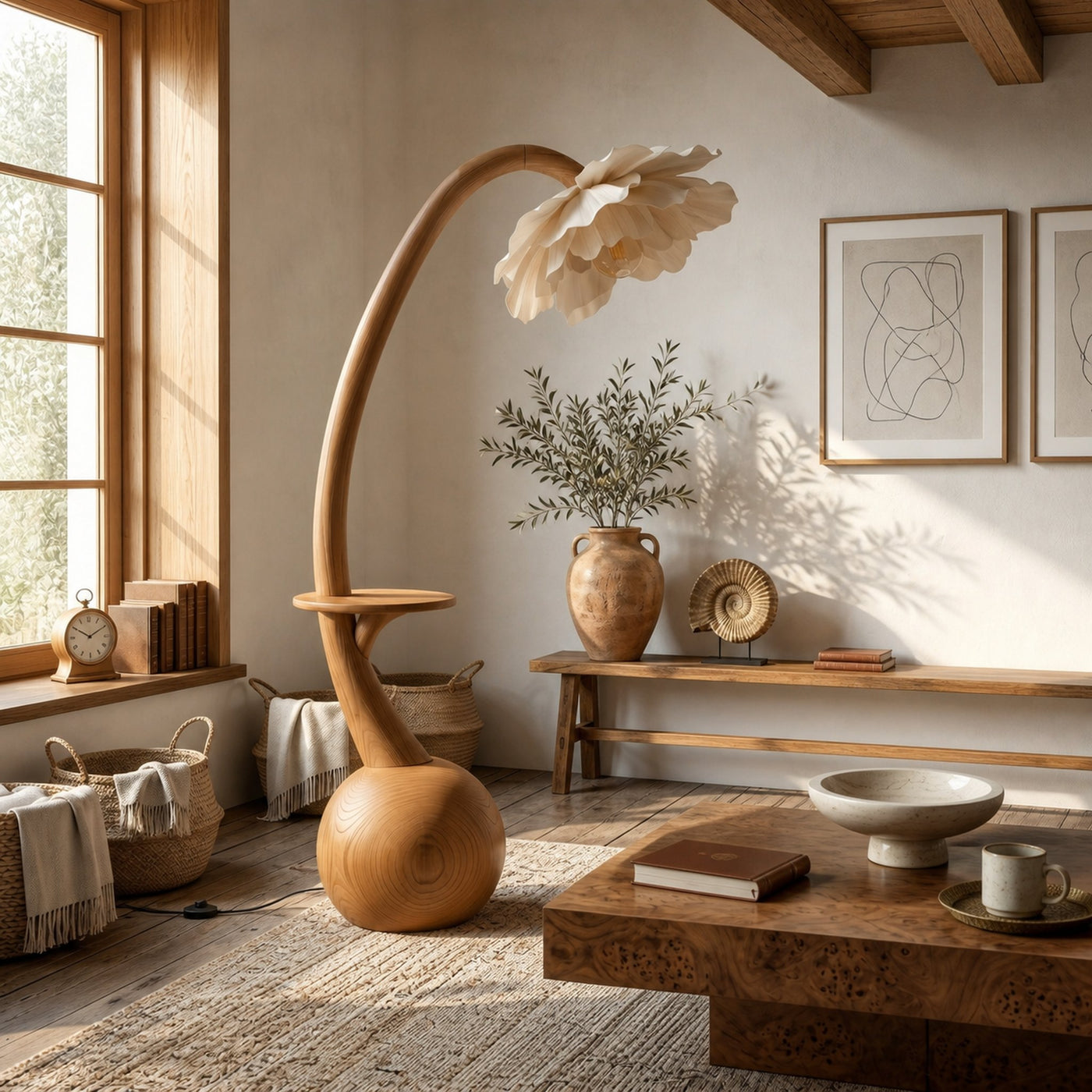 Sculptural Floor Lamp With Built In Shelf And Floral Shade For Living Room - product view 2