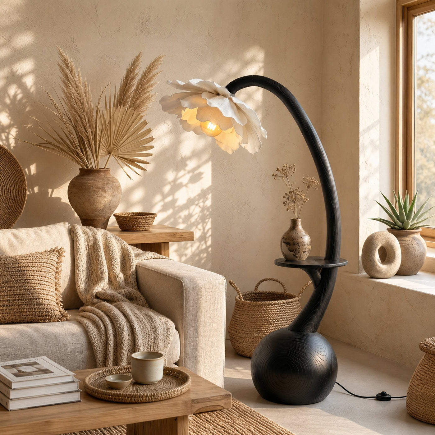 Sculptural Floor Lamp With Built In Shelf And Floral Shade For Living Room - product view 4