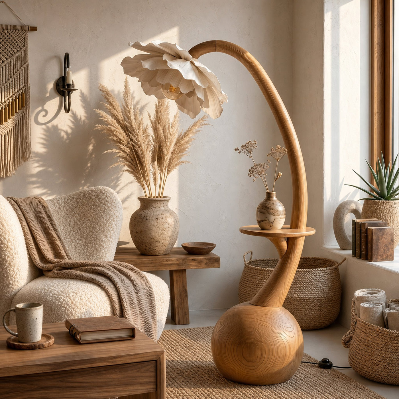 Sculptural Floor Lamp With Built In Shelf And Floral Shade For Living Room - product view 5