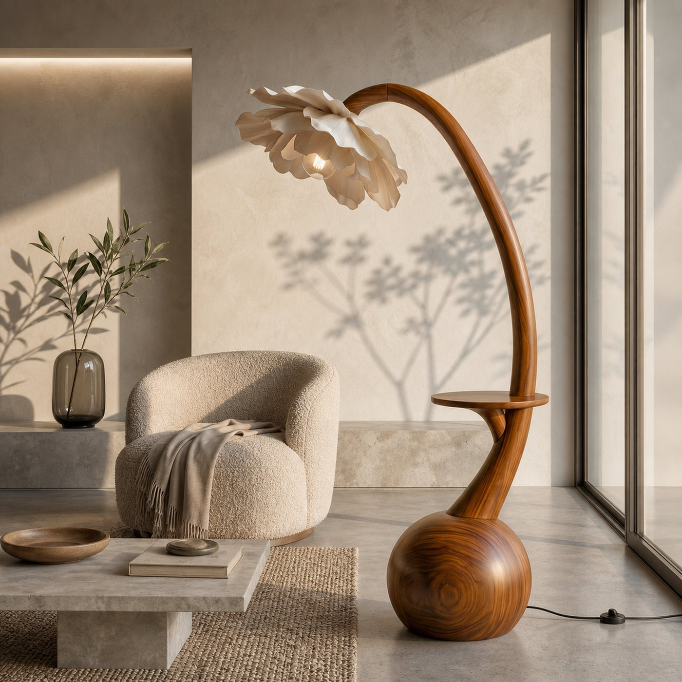 Sculptural Floor Lamp With Built In Shelf And Floral Shade For Living Room - product view 6