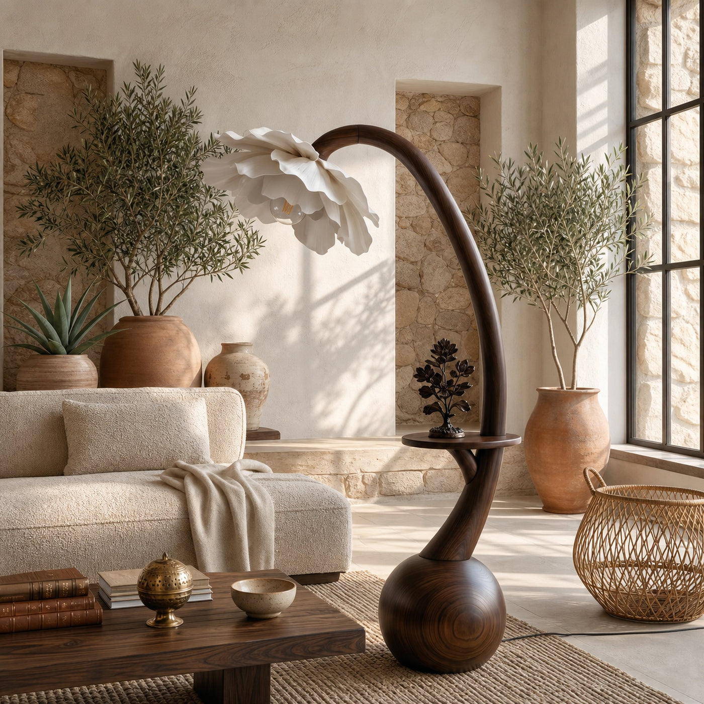 Sculptural Floor Lamp With Built In Shelf And Floral Shade For Living Room - product view 7