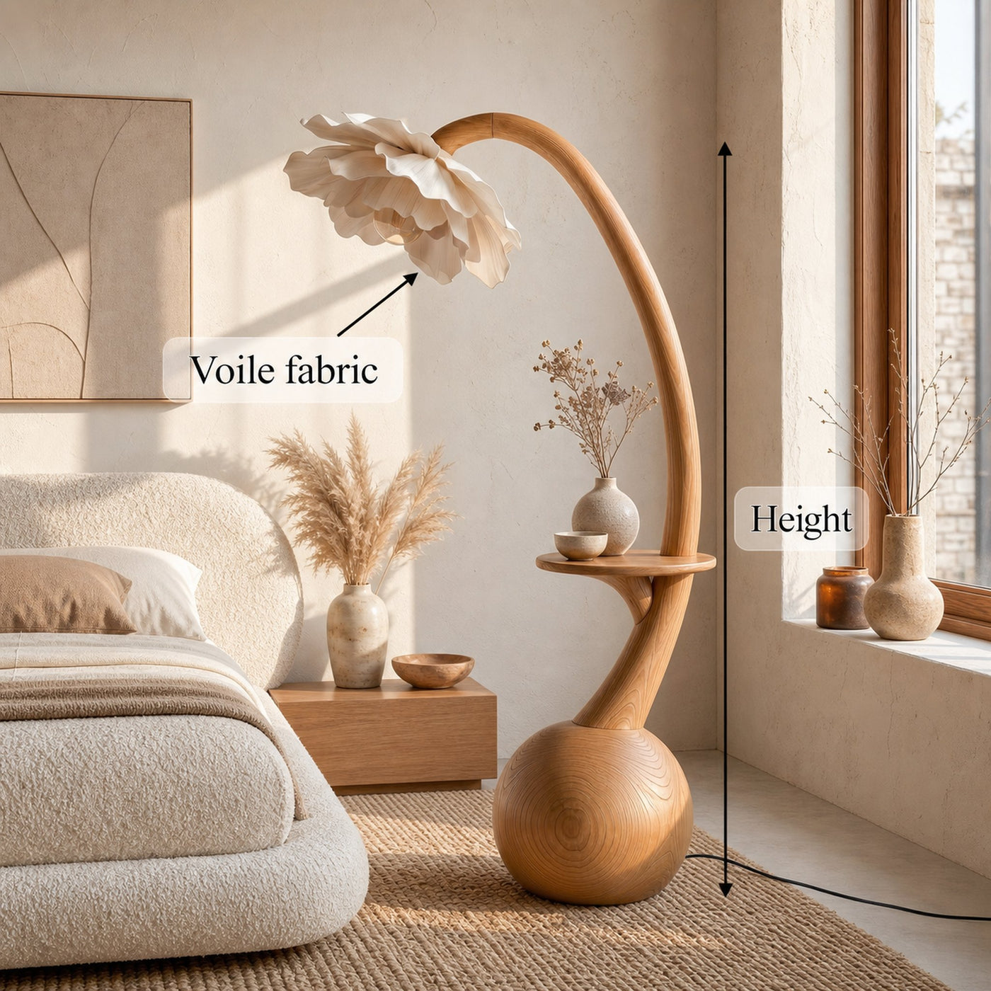 Sculptural Floor Lamp With Built In Shelf And Floral Shade For Living Room - product view 8