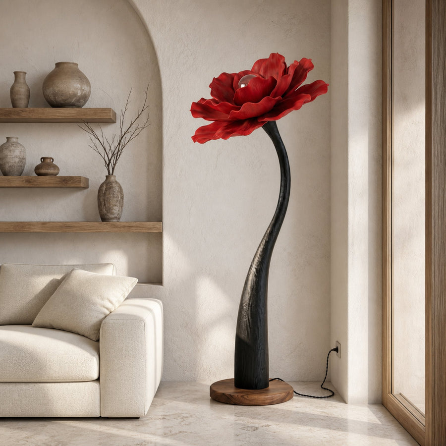 Sculptural Floor Lamp With Curved Stem And Floral Shade For Living Room