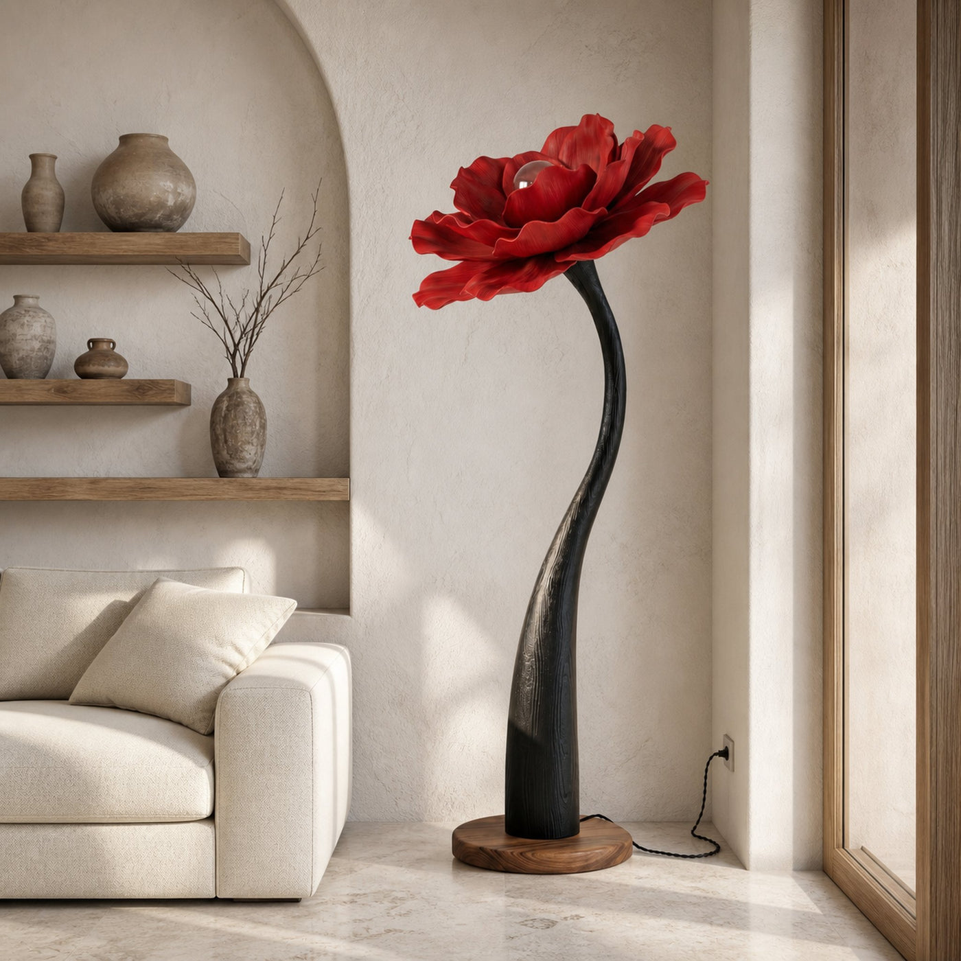 Sculptural Floor Lamp With Curved Stem And Floral Shade For Living Room