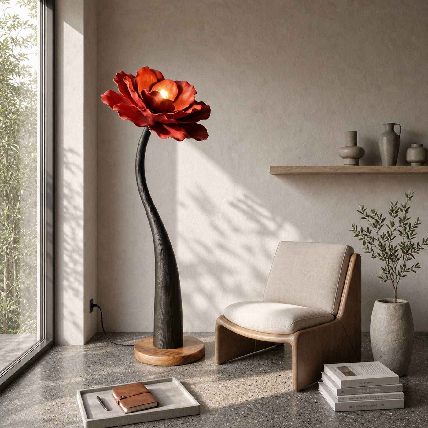 Sculptural Floor Lamp With Curved Stem And Floral Shade For Living Room - product view 2