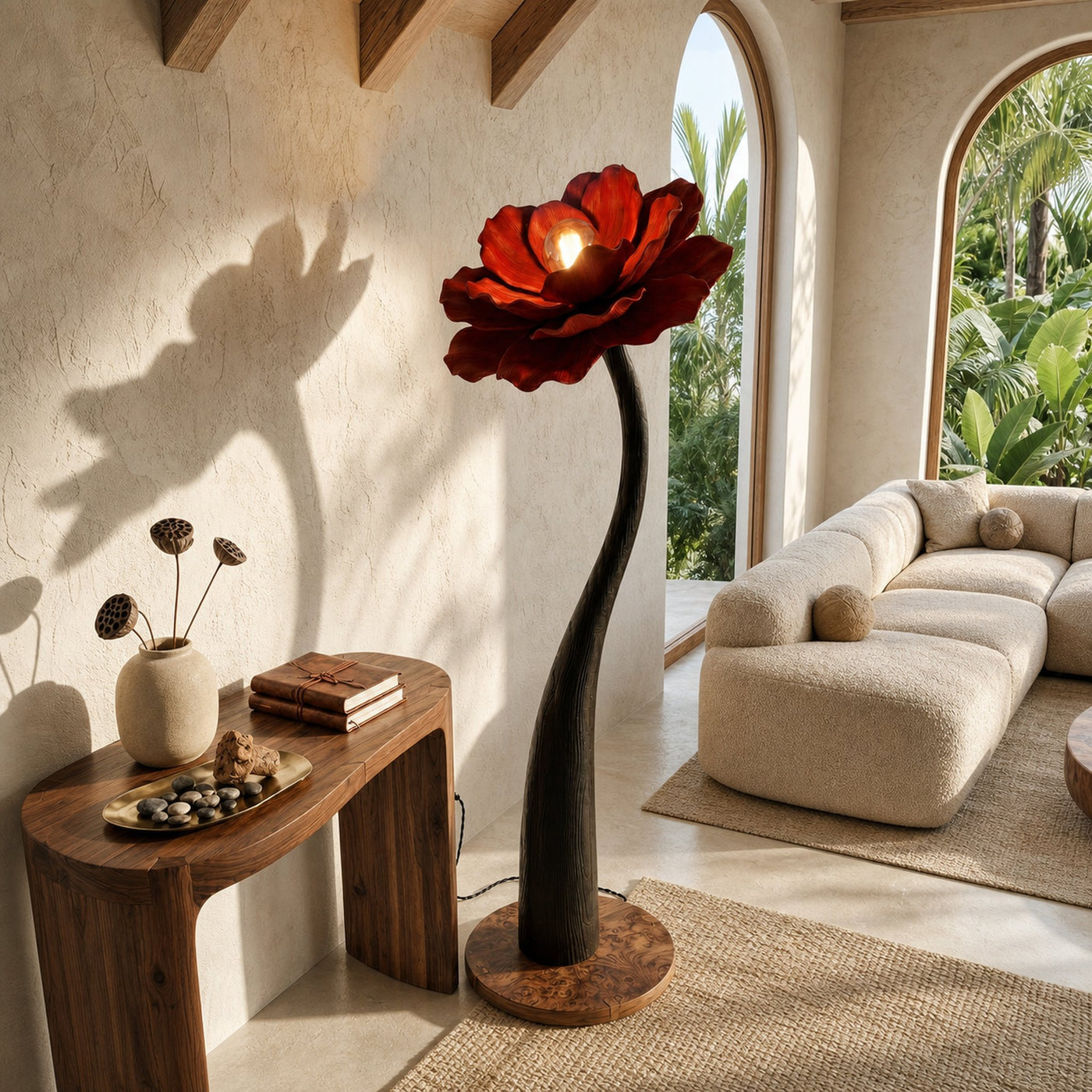 Sculptural Floor Lamp With Curved Stem And Floral Shade For Living Room - product view 3
