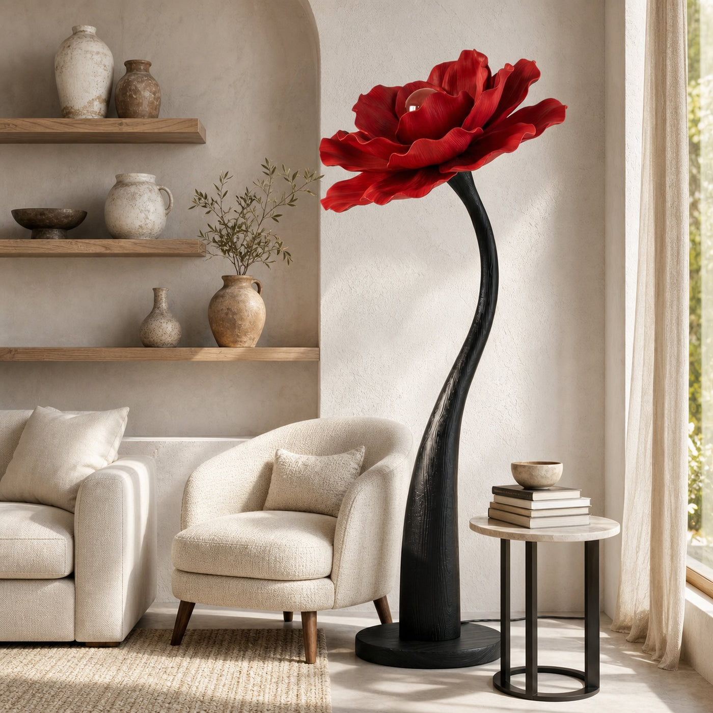 Sculptural Floor Lamp With Curved Stem And Floral Shade For Living Room - product view 4