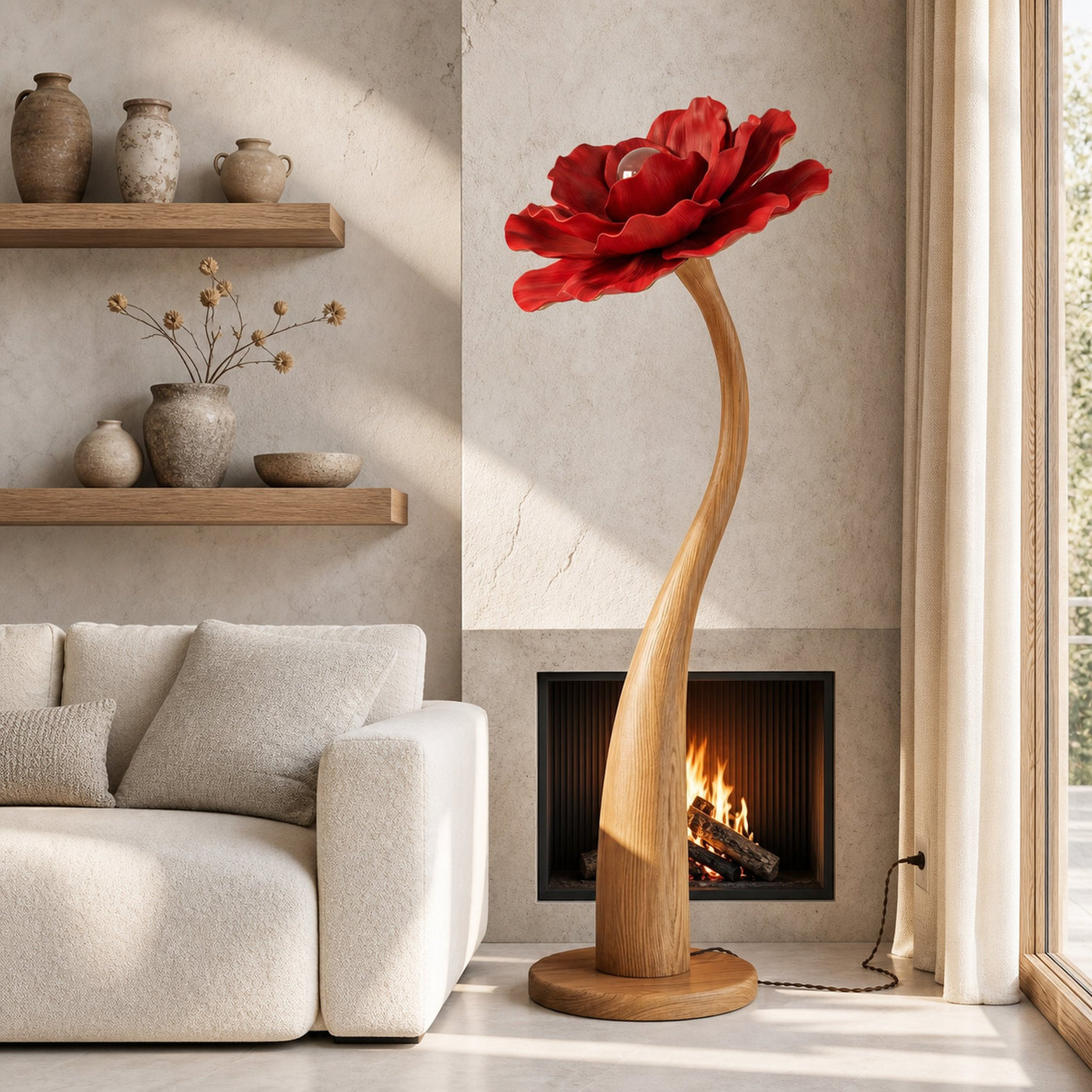 Sculptural Floor Lamp With Curved Stem And Floral Shade For Living Room - product view 5