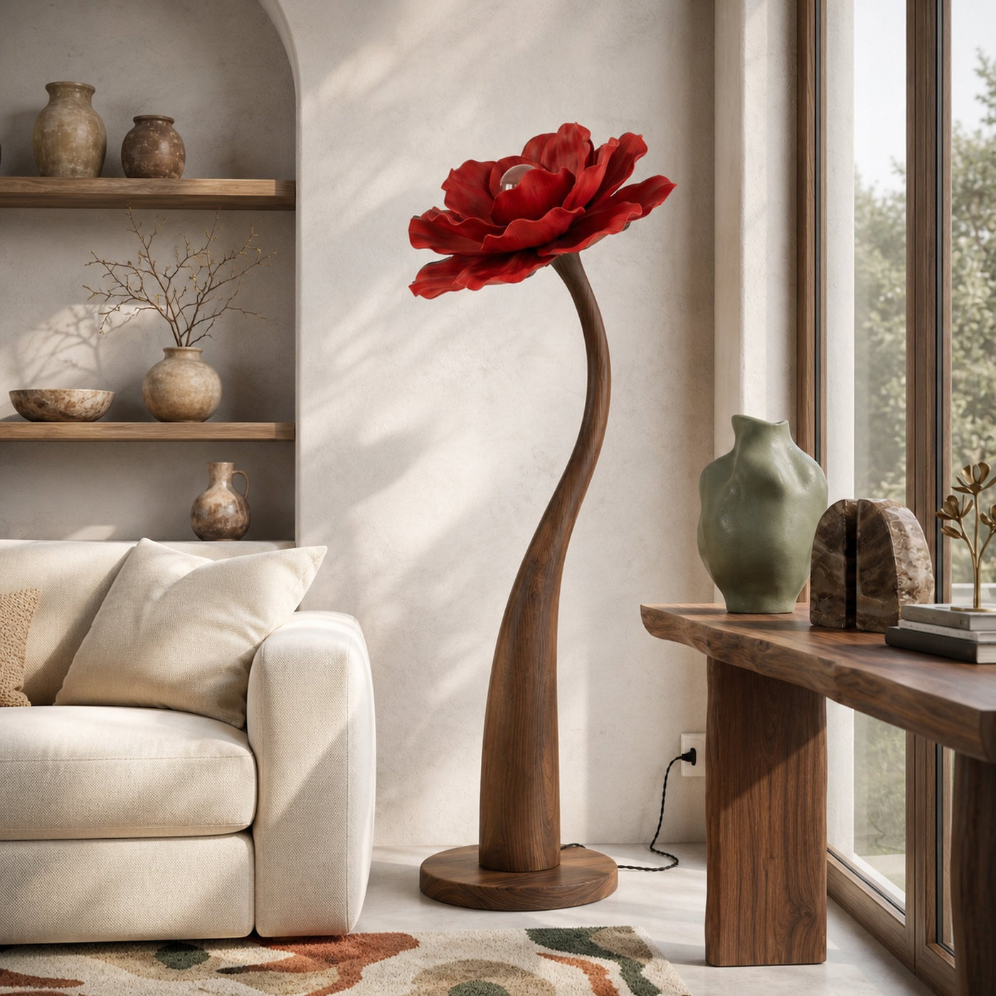 Sculptural Floor Lamp With Curved Stem And Floral Shade For Living Room - product view 7