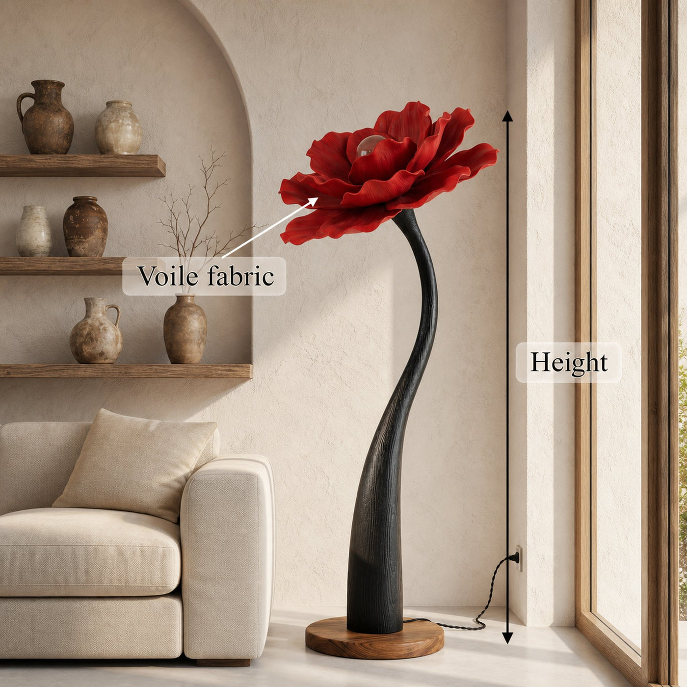 Sculptural Floor Lamp With Curved Stem And Floral Shade For Living Room - product view 8