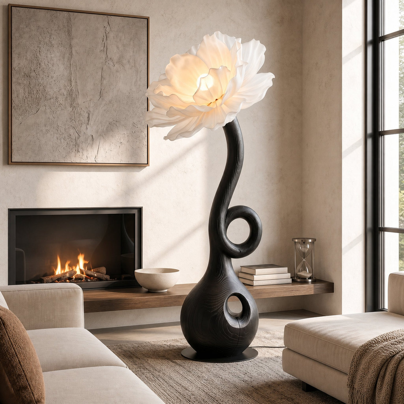 Sculptural Floor Lamp With Floral Accent Design For Bedroom And Reading Room