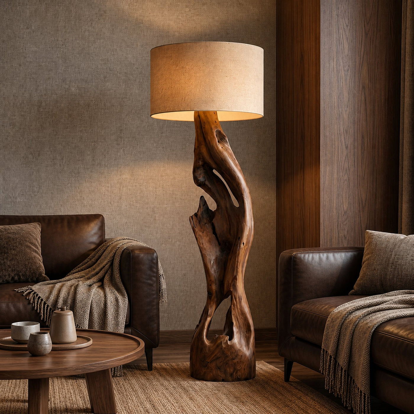 Sculptural Floor Lamp With Solid Wood Open Form Design For Living Room