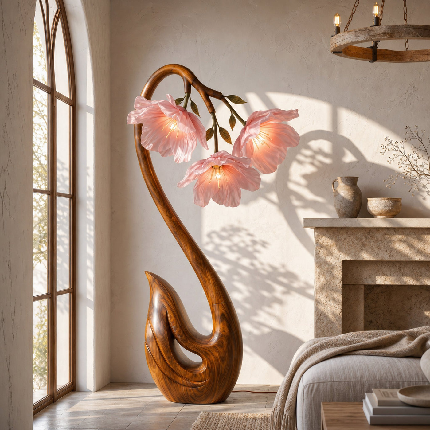 Sculptural Flower Floor Lamp Organic Wood Design For Living Room