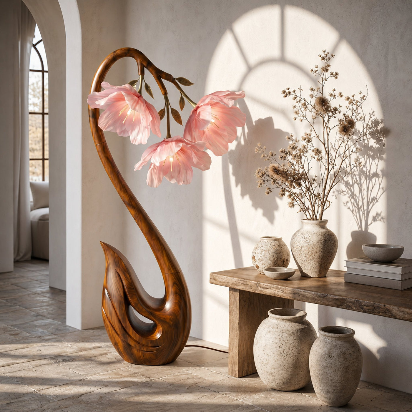 Sculptural Flower Floor Lamp Organic Wood Design For Living Room - product view 3
