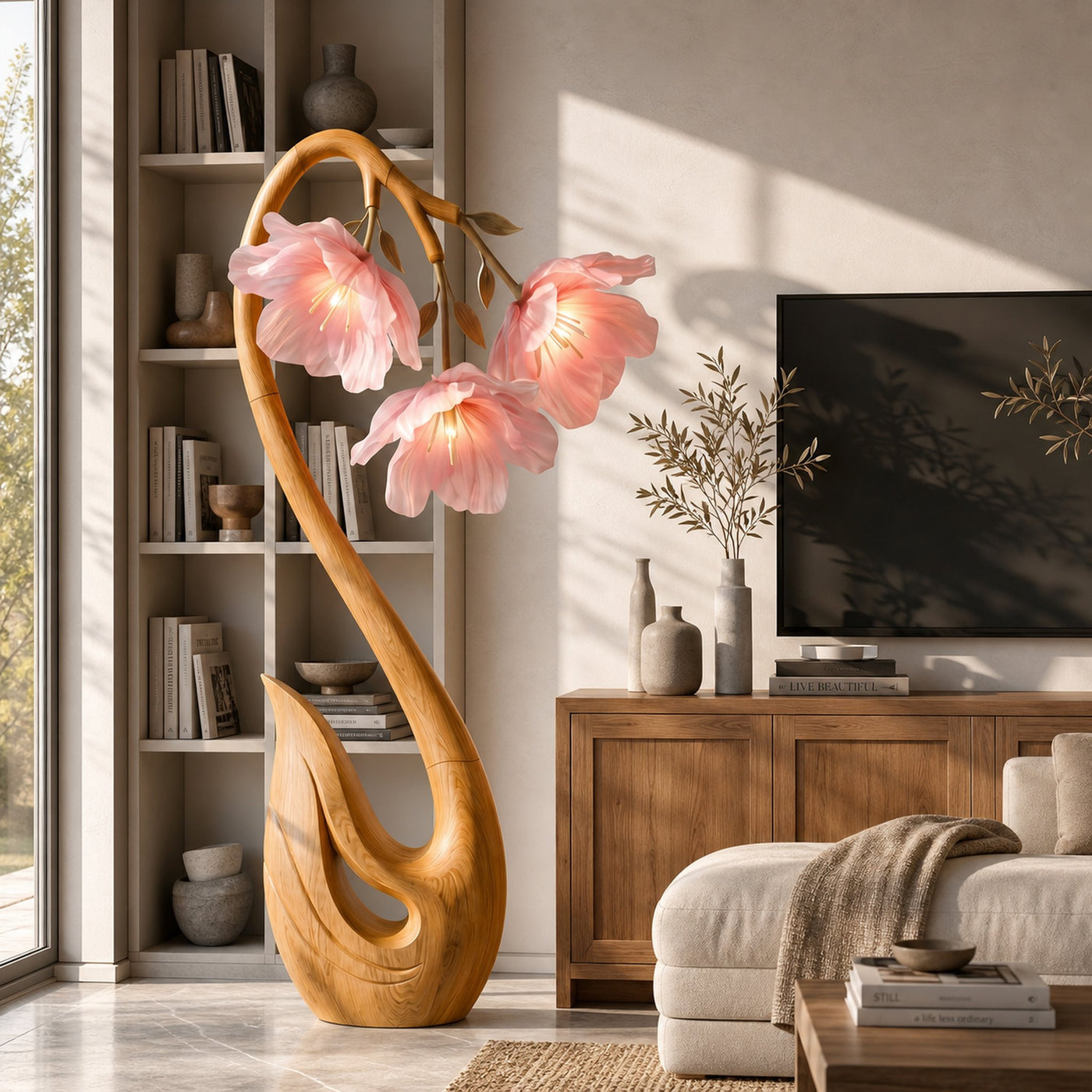 Sculptural Flower Floor Lamp Organic Wood Design For Living Room - product view 5