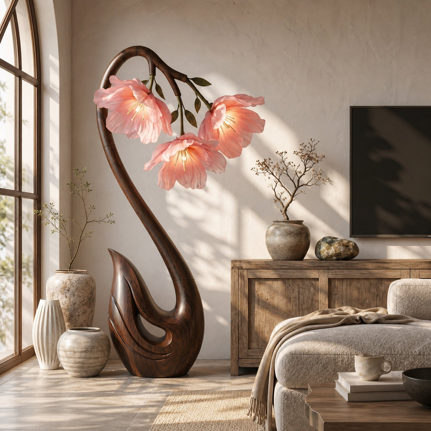 Sculptural Flower Floor Lamp Organic Wood Design For Living Room - product view 7