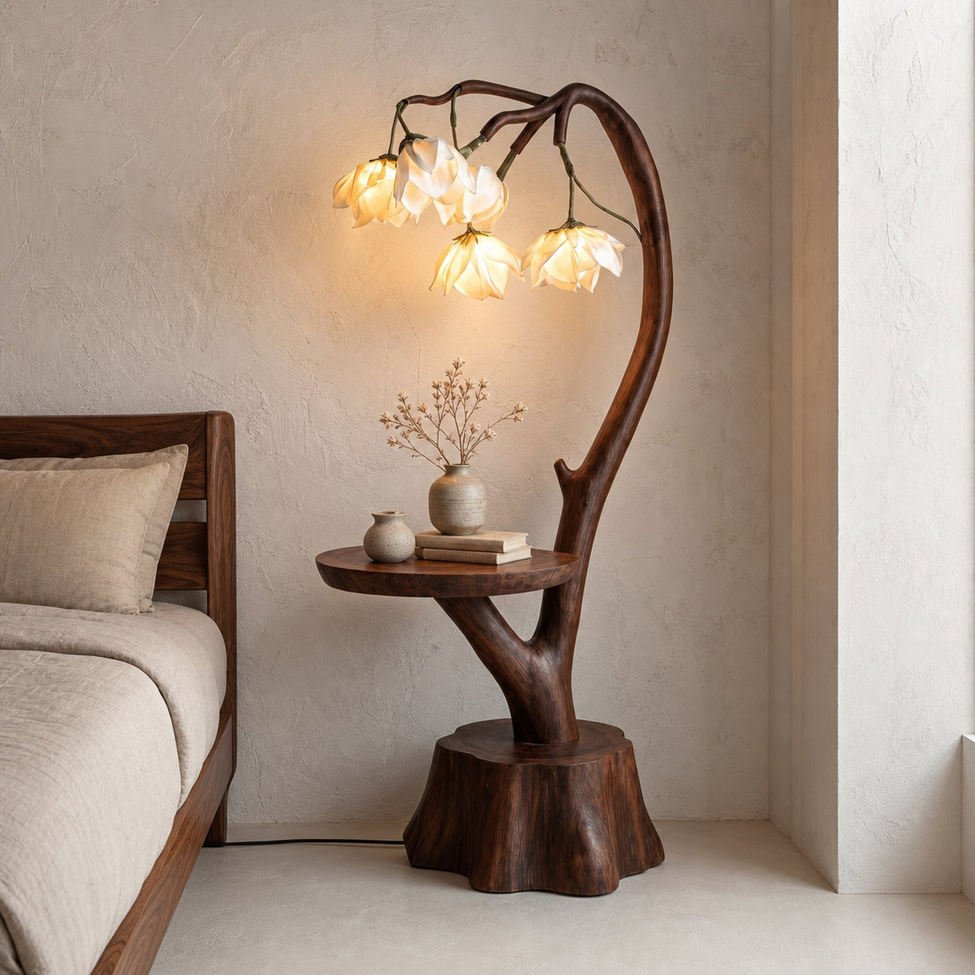 Sculptural Flower Floor Lamp With Handmade Wood Base For Living Room And Bedroom