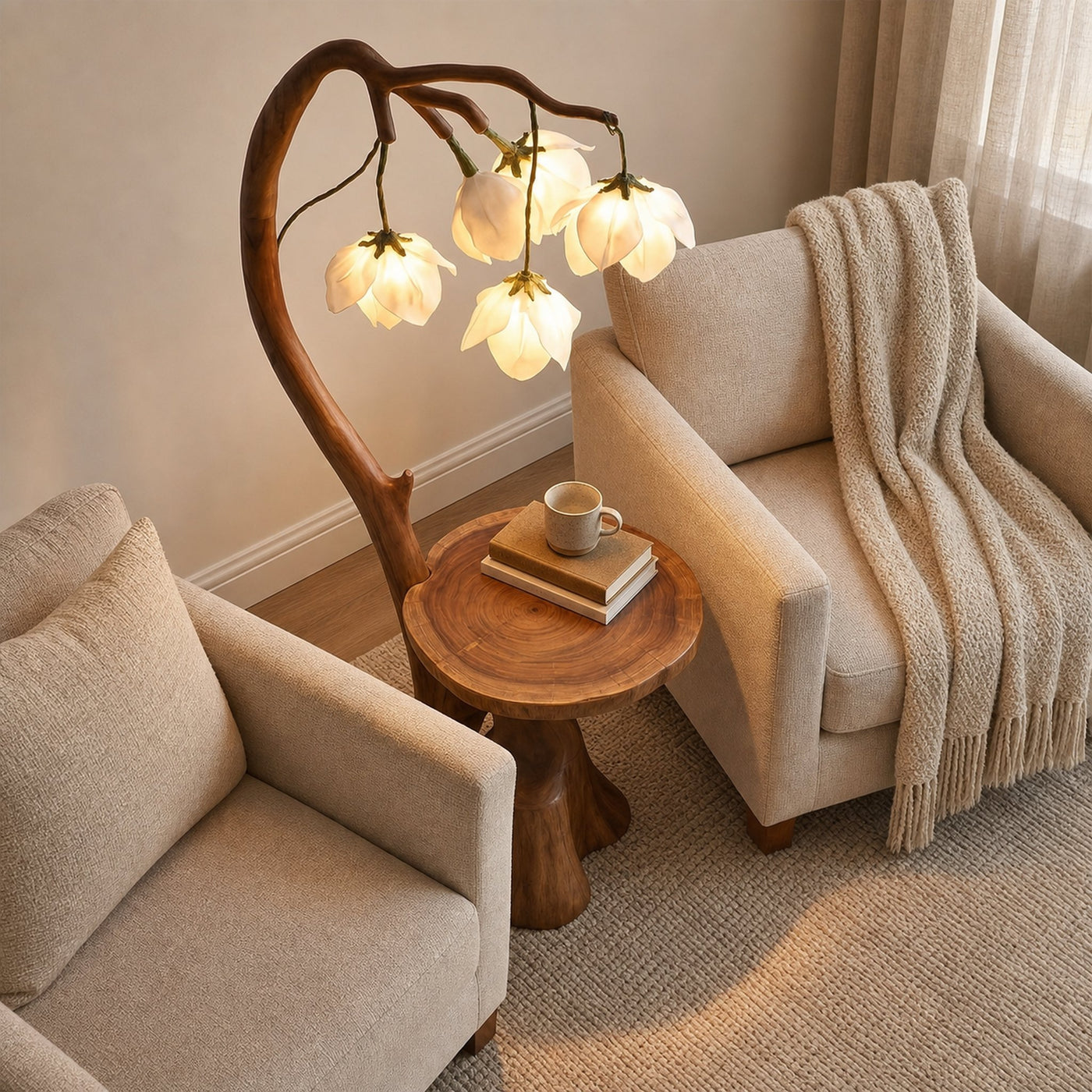 Sculptural Flower Floor Lamp With Handmade Wood Base For Living Room And Bedroom - product view 2