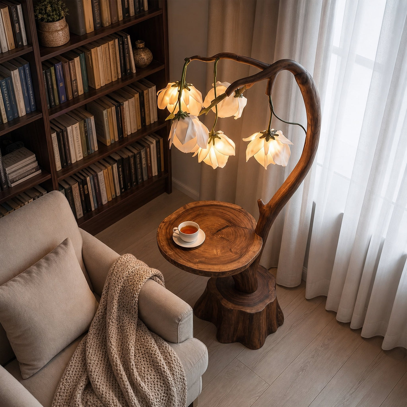 Sculptural Flower Floor Lamp With Handmade Wood Base For Living Room And Bedroom - product view 3