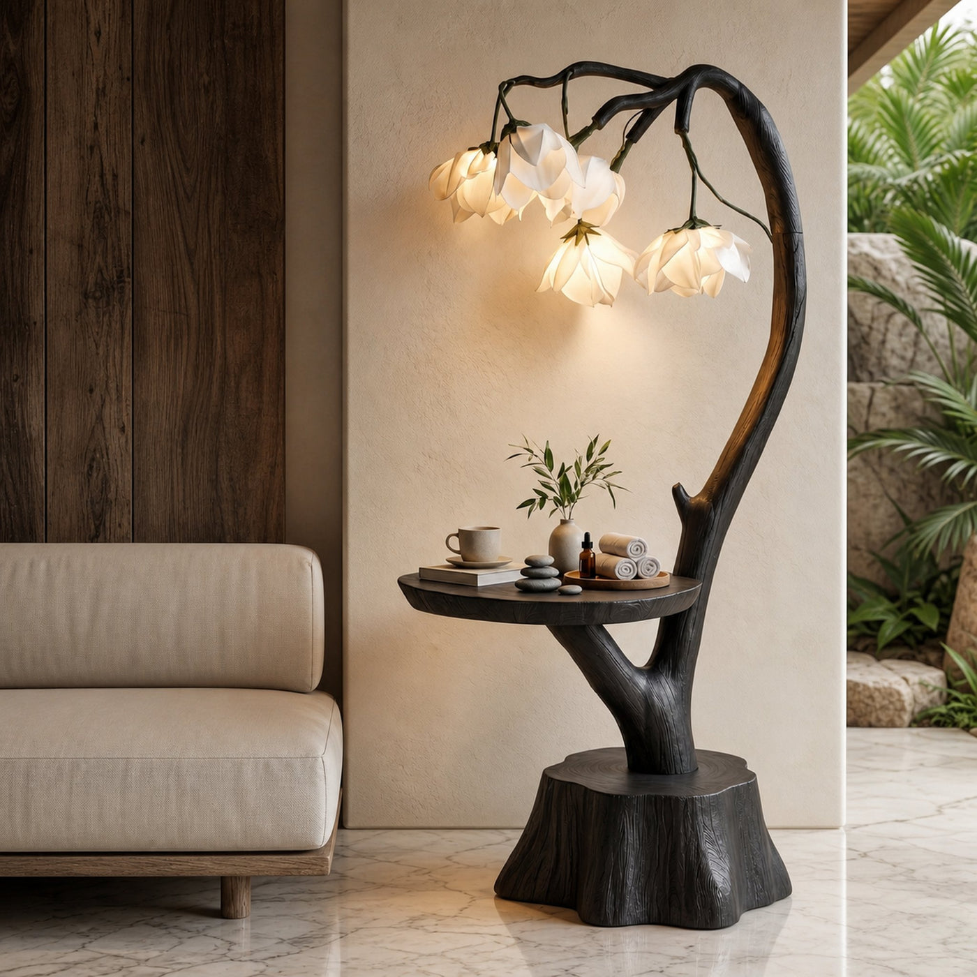 Sculptural Flower Floor Lamp With Handmade Wood Base For Living Room And Bedroom - product view 4