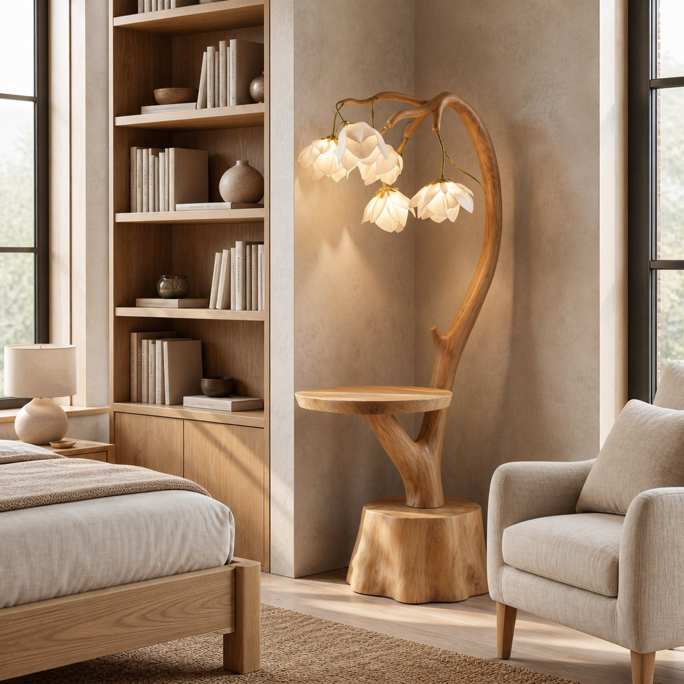 Sculptural Flower Floor Lamp With Handmade Wood Base For Living Room And Bedroom - product view 5