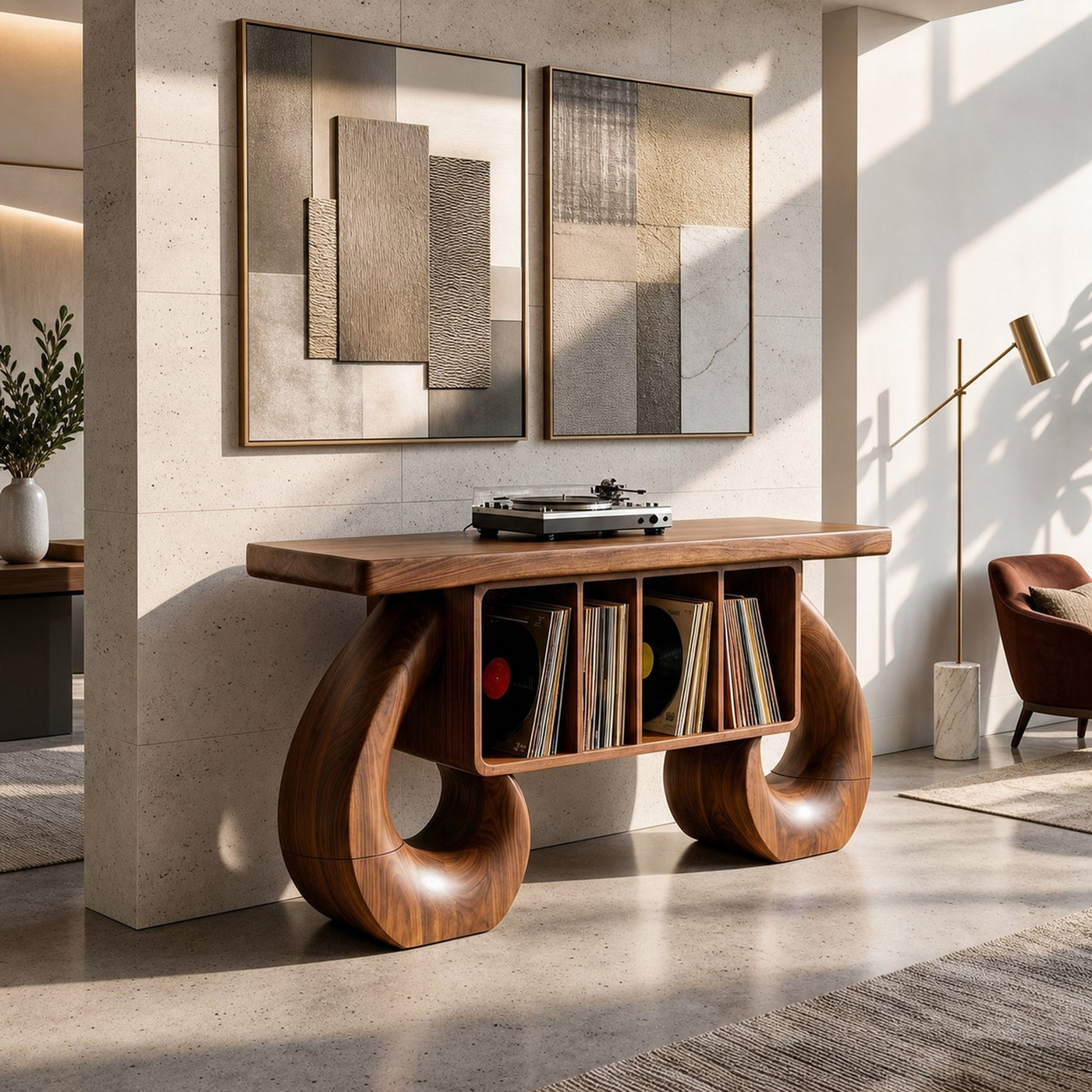 Sculptural Loop Record Player Console Contemporary Interior