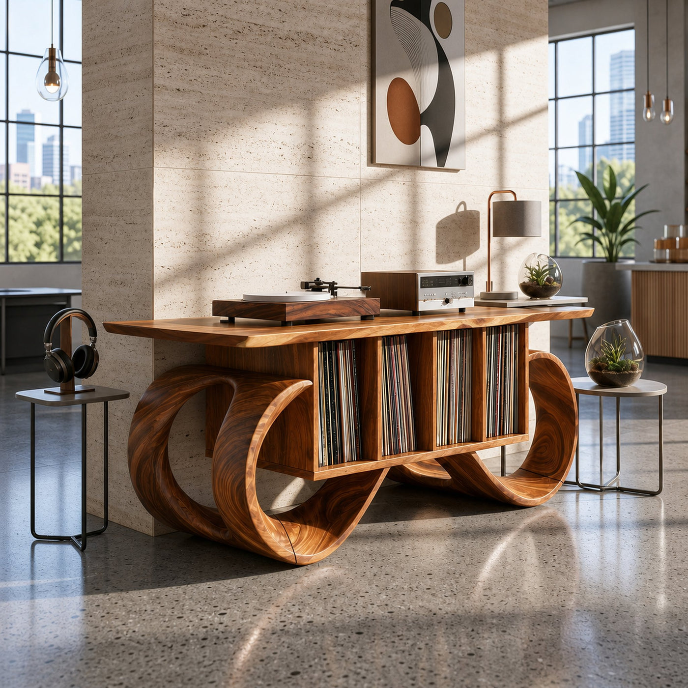 Sculptural Loop Record Player Console Creative Studio