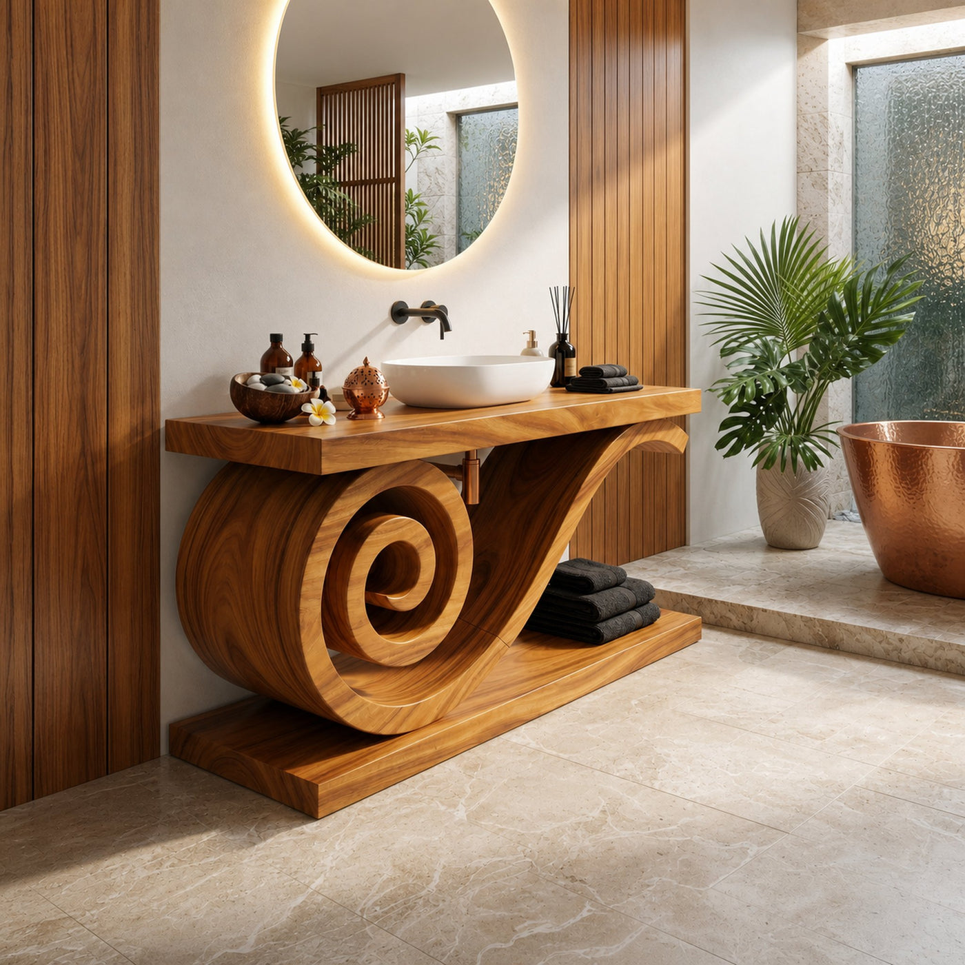 Sculptural Monkeypod Wood Vanity With Vessel Sink Luxury Bathroom