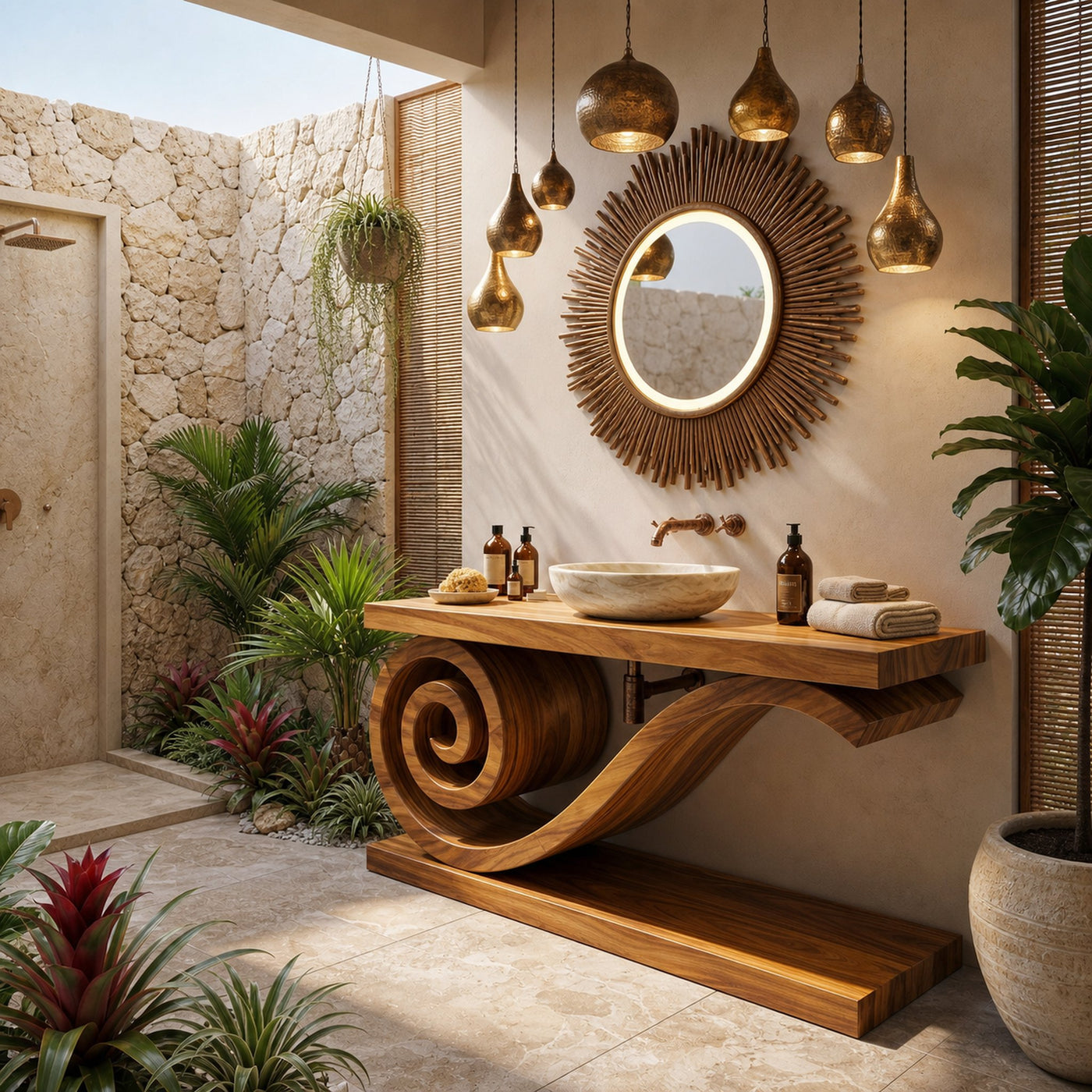 Sculptural Monkeypod Wood Vanity With Vessel Sink Luxury Bathroom - product view 2