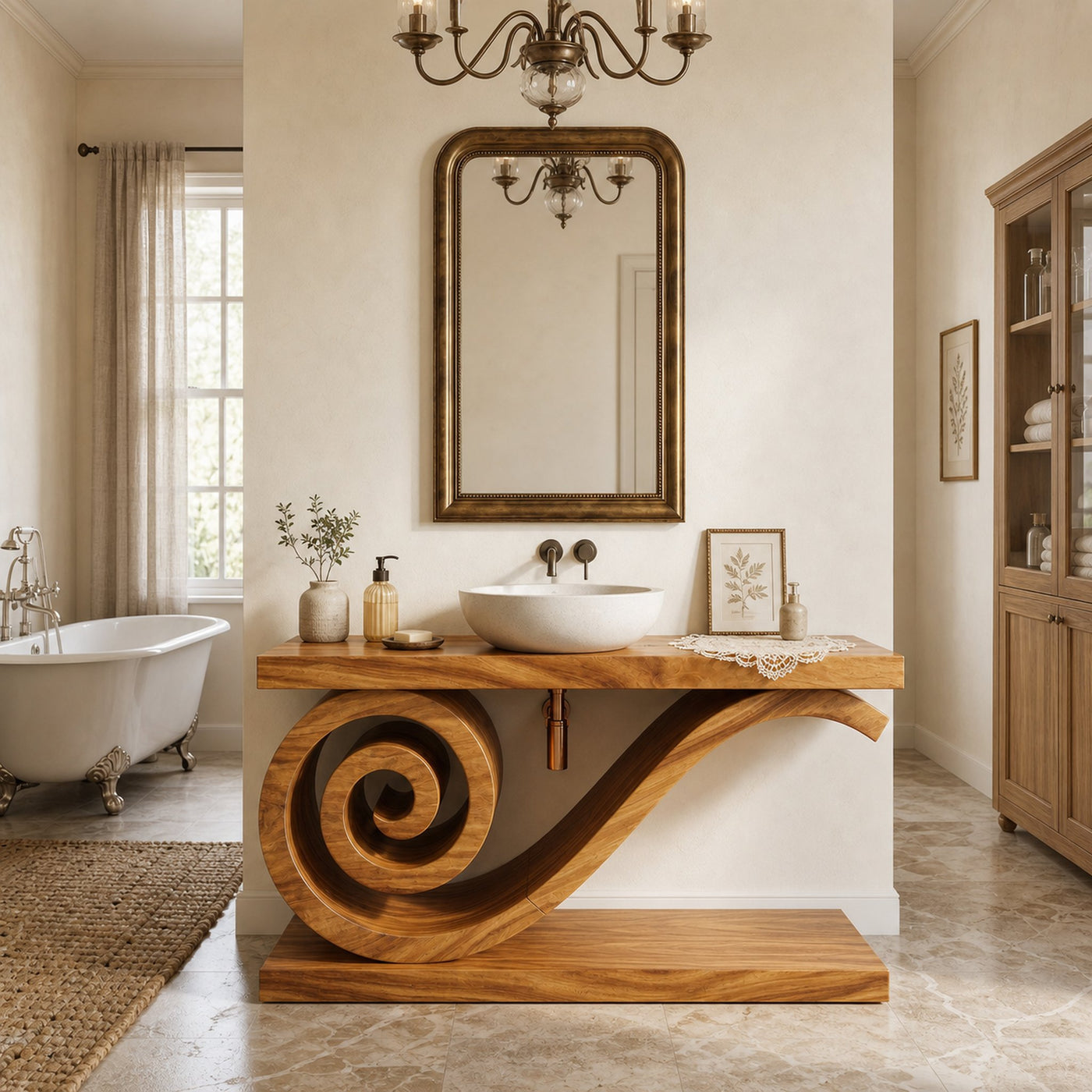 Sculptural Monkeypod Wood Vanity With Vessel Sink Luxury Bathroom - product view 3