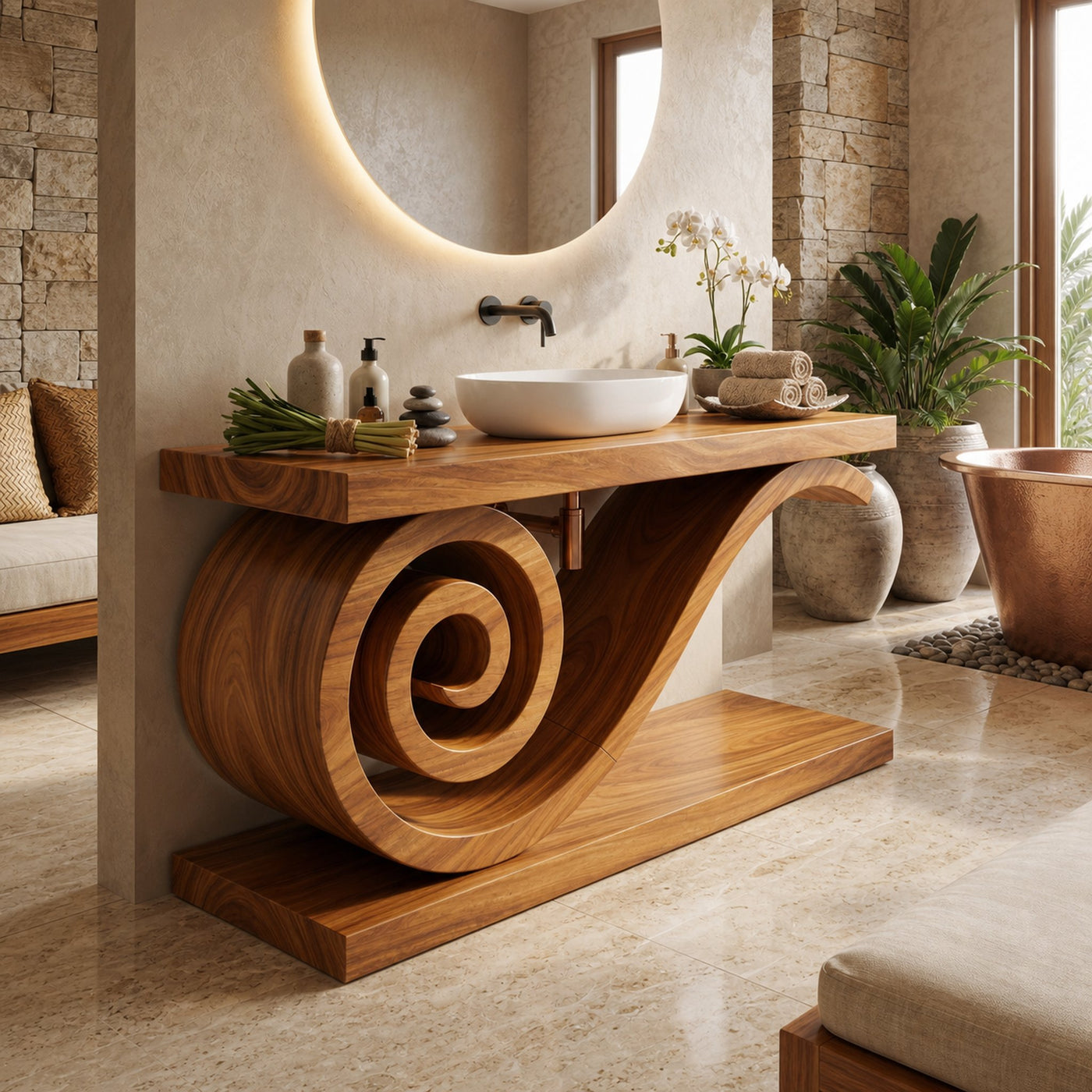 Sculptural Monkeypod Wood Vanity With Vessel Sink Luxury Bathroom - product view 5