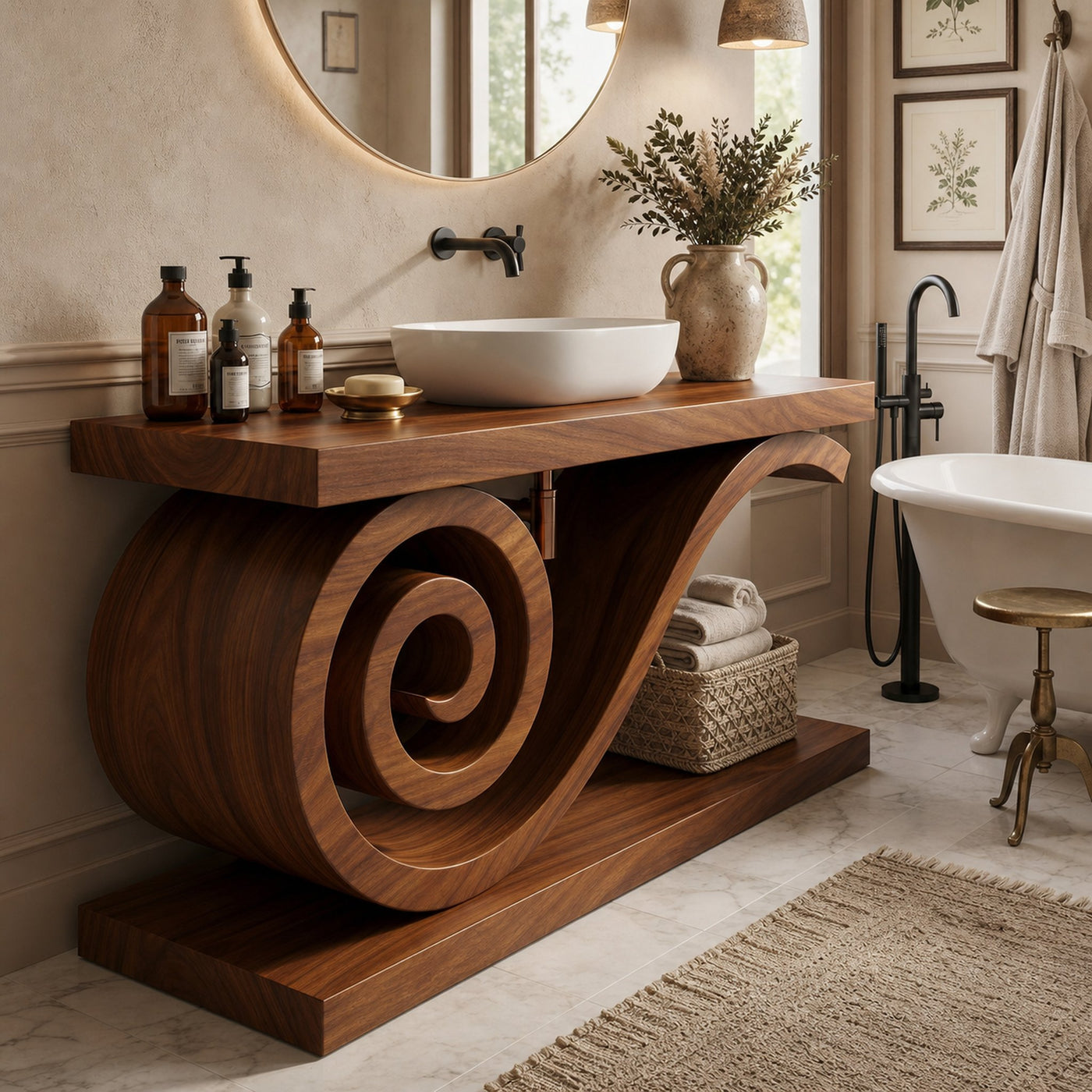 Sculptural Monkeypod Wood Vanity With Vessel Sink Luxury Bathroom - product view 6