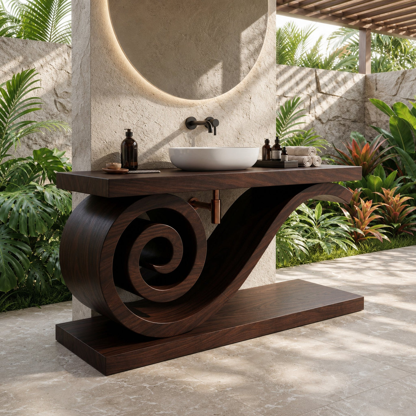 Sculptural Monkeypod Wood Vanity With Vessel Sink Luxury Bathroom - product view 7