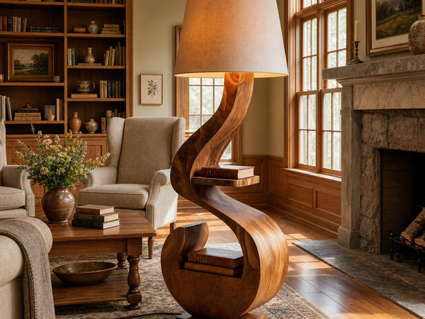 Sculptural Natural Wood Floor Lamp With Shelf For Living Room