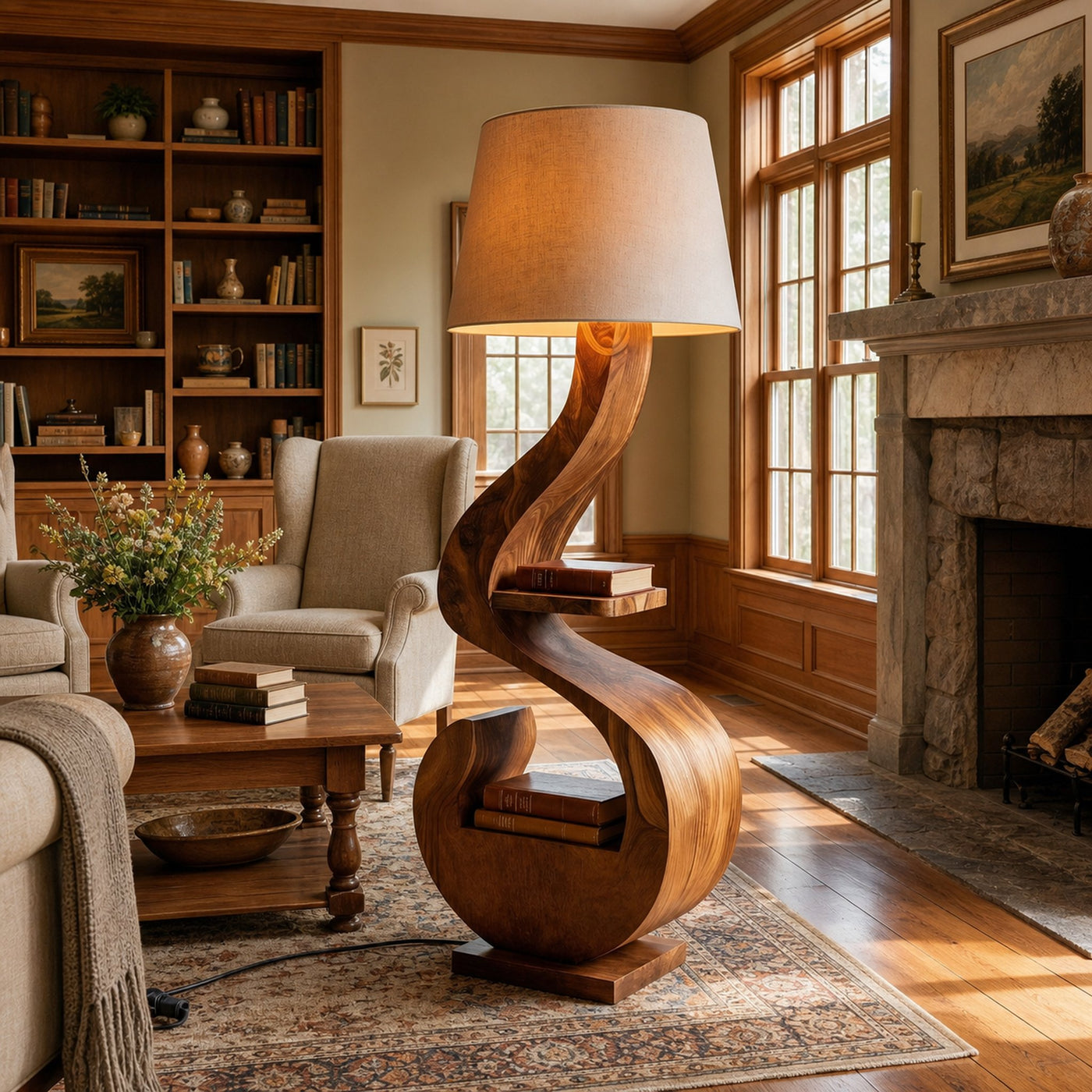 Sculptural Natural Wood Floor Lamp With Shelf For Living Room