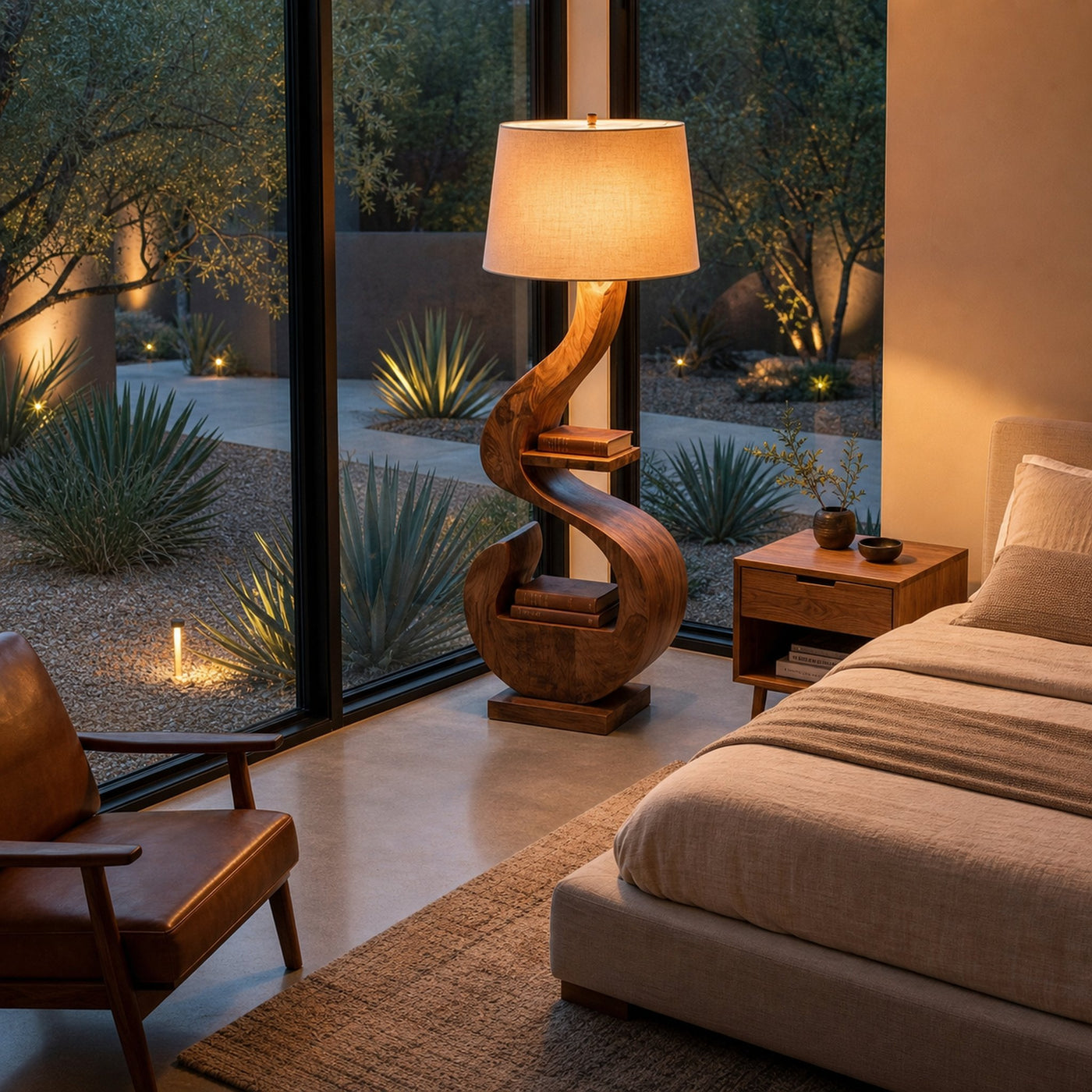 Sculptural Natural Wood Floor Lamp With Shelf For Living Room - product view 2