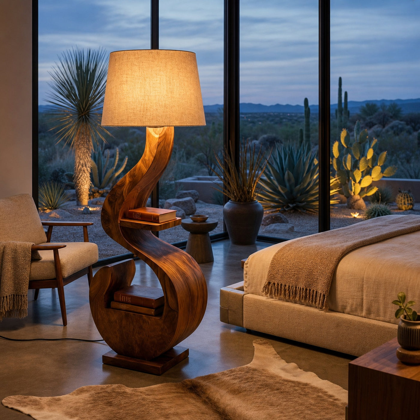 Sculptural Natural Wood Floor Lamp With Shelf For Living Room - product view 3