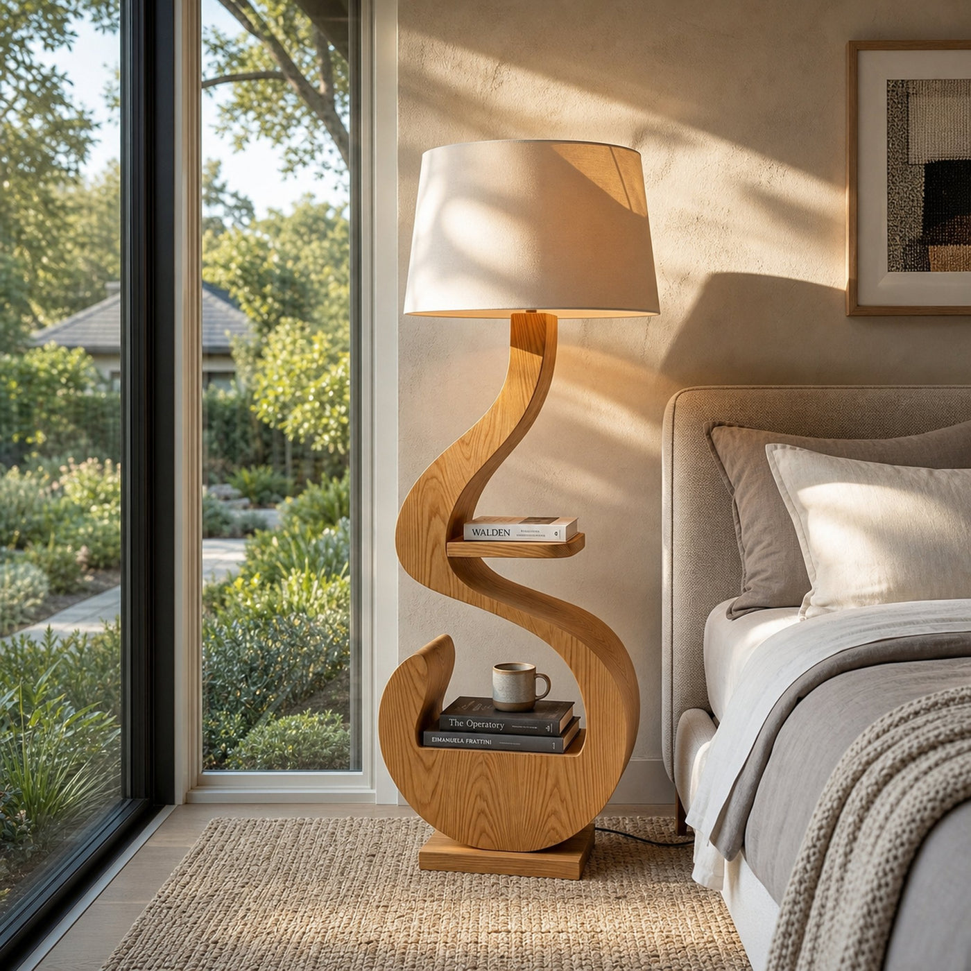 Sculptural Natural Wood Floor Lamp With Shelf For Living Room - product view 5