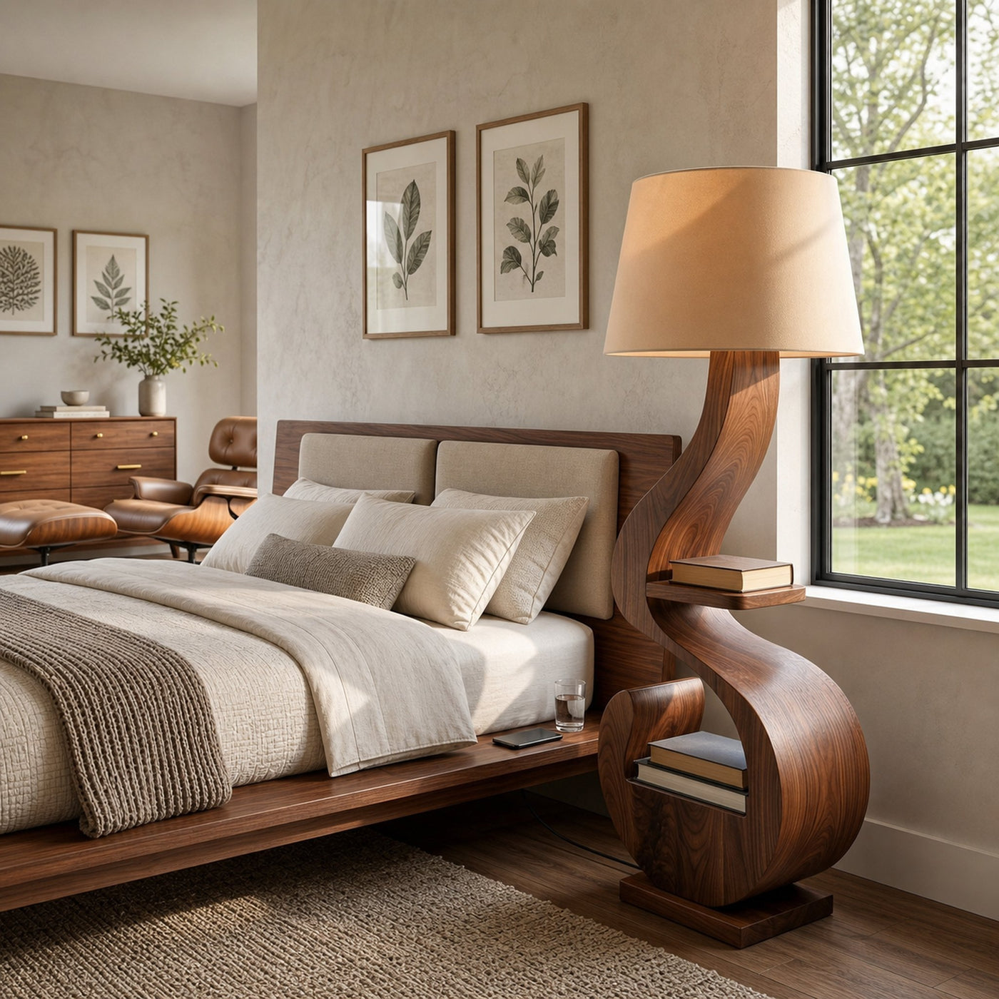 Sculptural Natural Wood Floor Lamp With Shelf For Living Room - product view 7